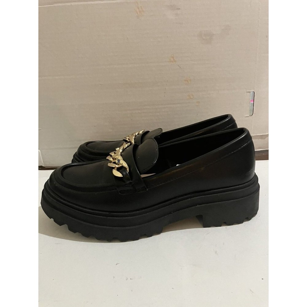 A New Day Women's Size 7.5 Black Gold Chain chunky Platform Loafers shoes - Picture 4 of 8